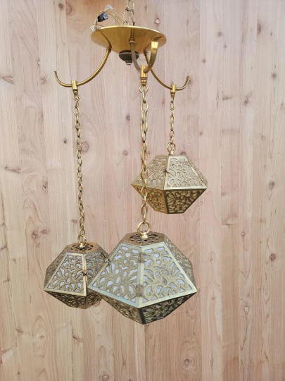 Vintage Asian Pierced Brass Trio of Multi Tiered Ceiling Pendant Chandelier Light