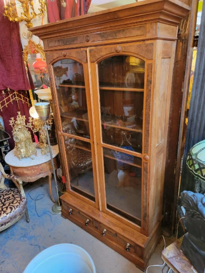 Antique Victorian Eastlake Walnut Library Cabinet with 2 Glass Panel Doors and 2 Drawers