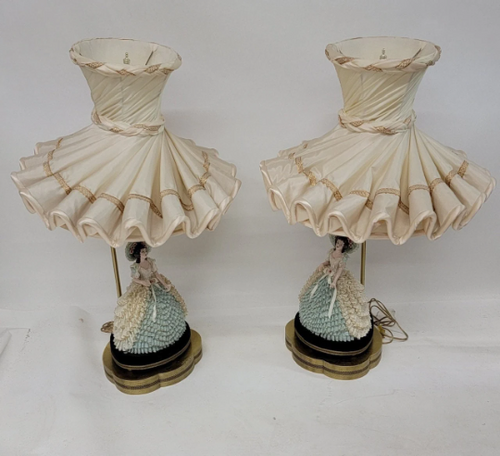 Antique Victorian Dresden Porcelain Lace Lady Boudoir Lamps - Pair