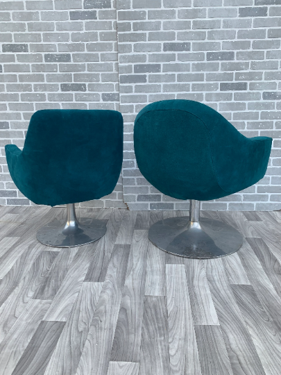 Mid Century Modern Aluminum Swivel Tulip Base Side Chairs Newly Upholstered in Teal Suede - Set of 2