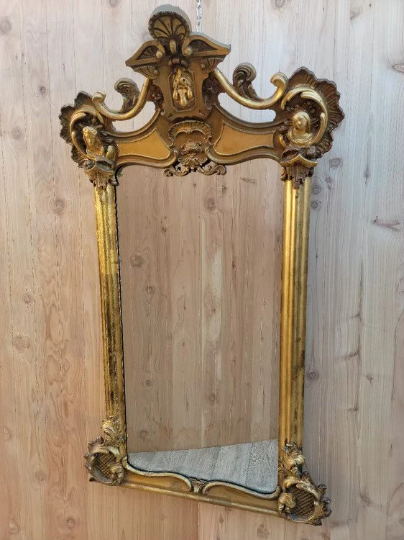 Antique Italian Rococo Style Gold Gilded Hand Carved Wall Mirror