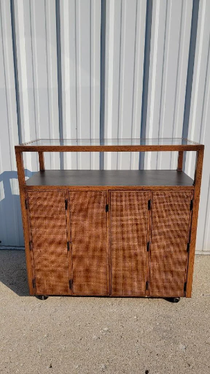 Mid Century Modern Bar Cart/Cabinet with Cane Front Doors
