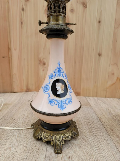 Antique French Hand Painted Porcelain & Brass Electric Petroleum Table Lamps - Pair