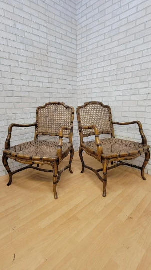 Vintage French Provincial Country Cane Faux Bamboo Wood Armchair - Pair