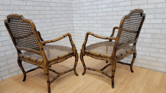 Vintage French Provincial Country Cane Faux Bamboo Wood Armchair - Pair