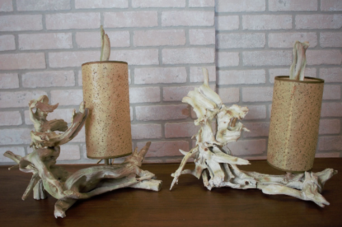 Vintage Mid Century Modern Driftwood Table Lamp with Shade - Set of 2