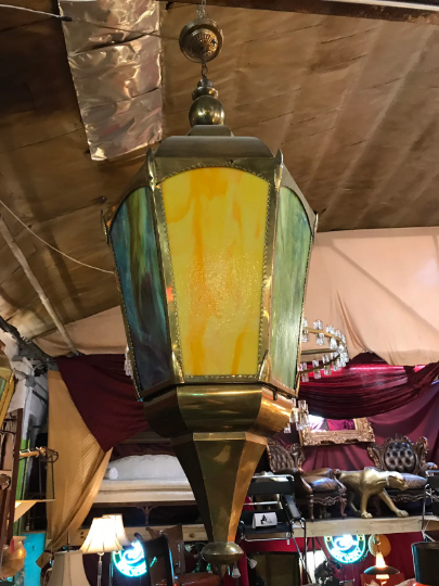 Vintage Moroccan Multicolor Lantern Chandelier Pendant Lights with Venetian Glass Panels - Pair