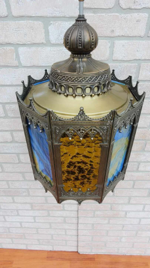 Vintage Bohemian Moroccan Lantern with Colored Glass Panels Hanging Pendant Light