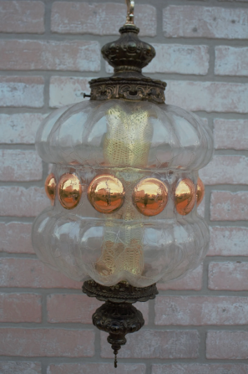 Vintage Italian Bubble Crackle Glass Hanging Pendant Swag Lamp by Brunelli Designs
