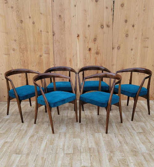 Mid Century Modern Rare Lawrence Peabody Walnut Dining Chairs Newly Upholstered - Set of 6