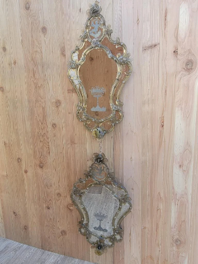 Antique Rare Italian Venetian Etched Floral Glass Wall Mirror - Set of 2