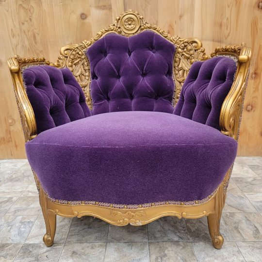 Exquisite Antique Louis Style Parlor Set, Intricately Carved and Newly Upholstered in Purple Mohair - 2 Piece Set