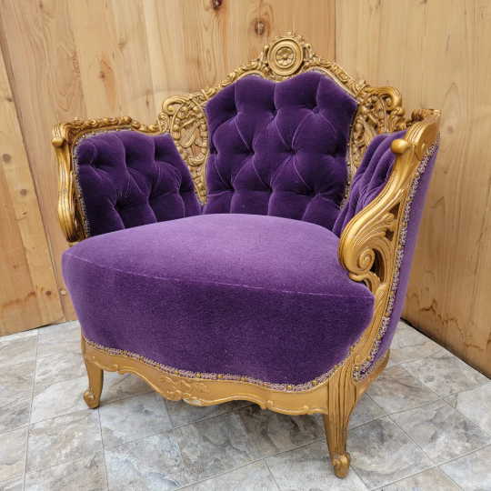 Antique Louis Style Carved Ornate Parlor Set Newly Upholstered in Purple Mohair - 2 Piece Set