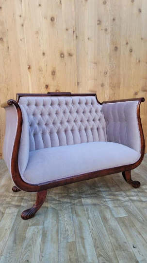 Antique American Empire Style Tufted Back Settee Newly Reupholstered
