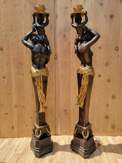 Antique French Monumental Gilt and Patinated Bronze Figural Electrified Torchiere Lamps - Pair