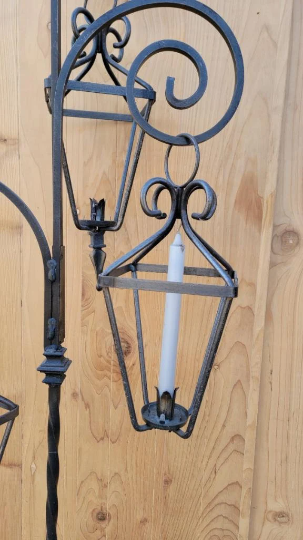 Vintage Rustic Scrolled Wrought-Iron Adjustable Indoor/Outdoor Candle Floor Candelabras - Pair