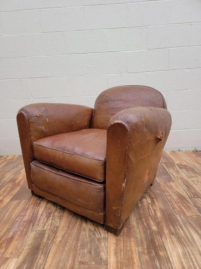 French Art Deco Round Back Leather Club Chair