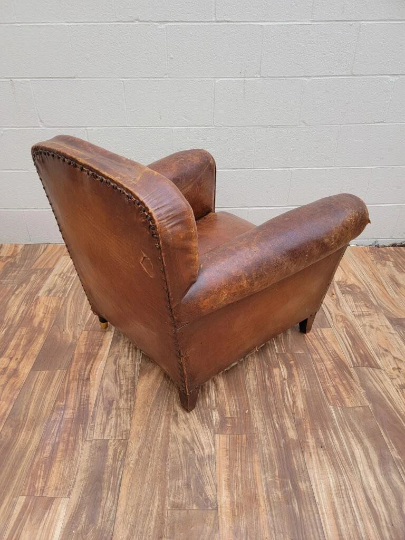 French Art Deco Distressed Cognac Leather Club Chair