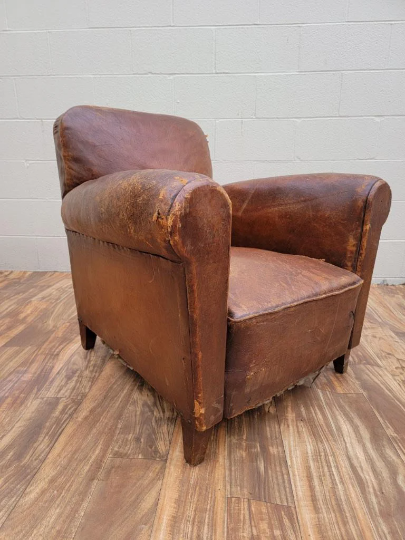 French Art Deco Distressed Cognac Leather Club Chair