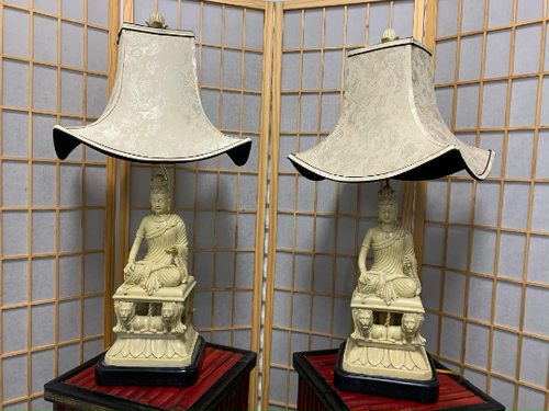 Vintage Resin Quan Yin Table Lamp with Pattern Shade - Pair