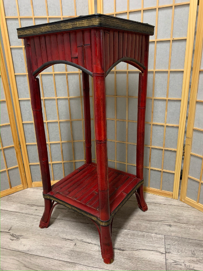 Vintage Asian Style Red Painted Bamboo Plant Stand/Pedestal - Pair