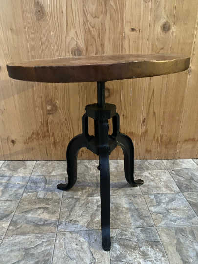 Vintage Industrial Wood Top Crank Table with Wrought Iron Base