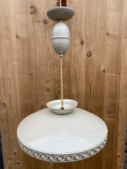 Mid Century Modern Cream & Frosted Glass Pull Retractable Pendant Light