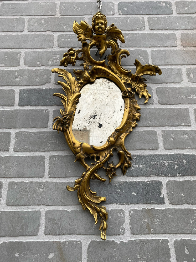 Antique Rococo Figural Bronze Wall Mirror