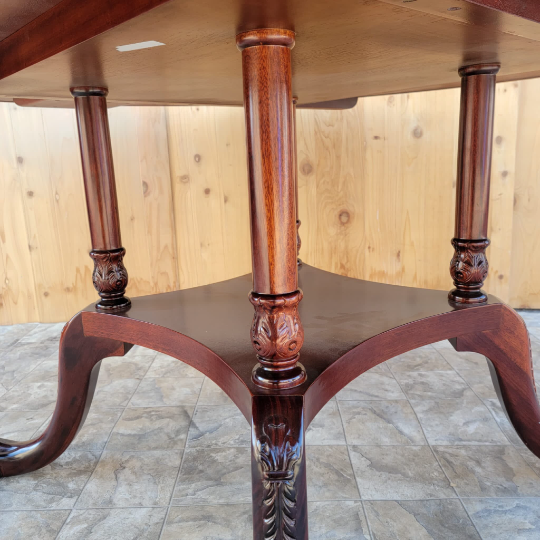 Vintage English Regency Style Birdcage Pedestal Round Rope-Turned Edge Dining Table