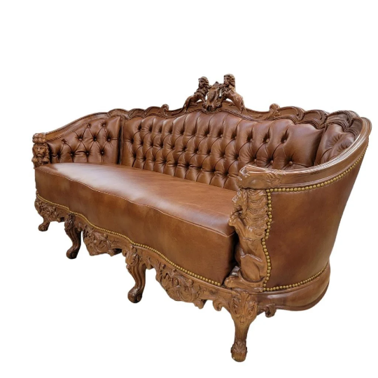 Antique Italian Rococo Style Carved Ornate Tufted Figural Parlor Set Newly Upholstered - 2 Piece Set