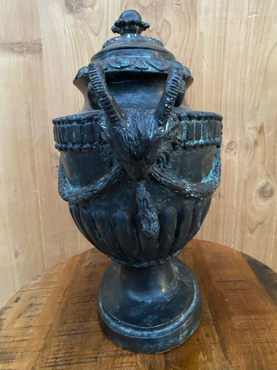 Vintage Neoclassical Cast Bronze Rams Head Urn by Maitland Smith