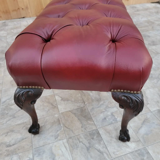 Antique Chippendale Carved Mahogany Ball & Claw Six Leg Tufted Bench Newly Upholstered in Leather - Pair