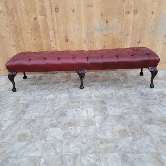 Antique Chippendale Carved Mahogany Ball & Claw Six Leg Tufted Bench Newly Upholstered in Leather - Pair