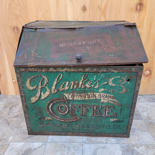 Antique C.F. Blanke Tea and Coffee Company Exposition Brand Green Tin Coffee Bin