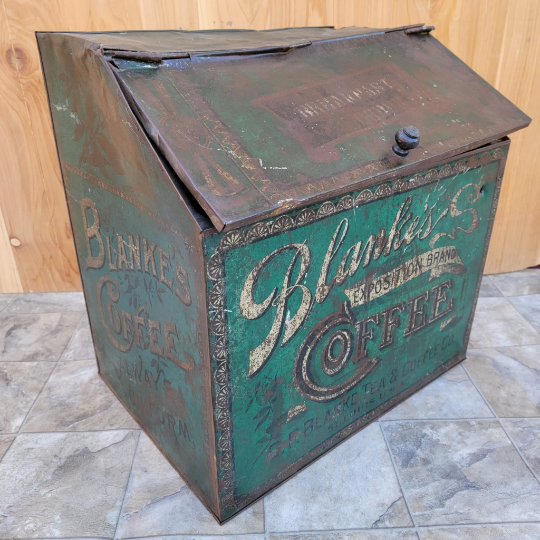 Antique C.F. Blanke Tea and Coffee Company Exposition Brand Green Tin Coffee Bin