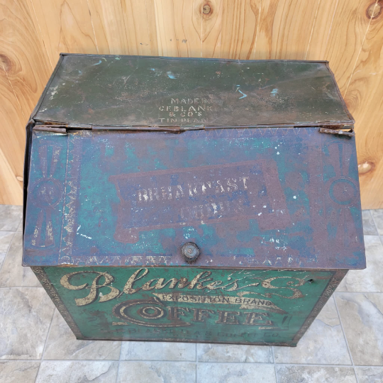 Antique C.F. Blanke Tea and Coffee Company Exposition Brand Green Tin Coffee Bin