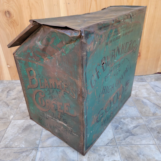 Antique C.F. Blanke Tea and Coffee Company Exposition Brand Green Tin Coffee Bin