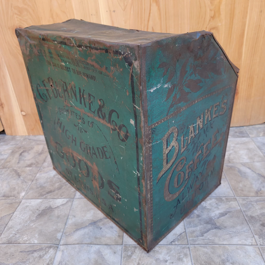 Antique C.F. Blanke Tea and Coffee Company Exposition Brand Green Tin Coffee Bin