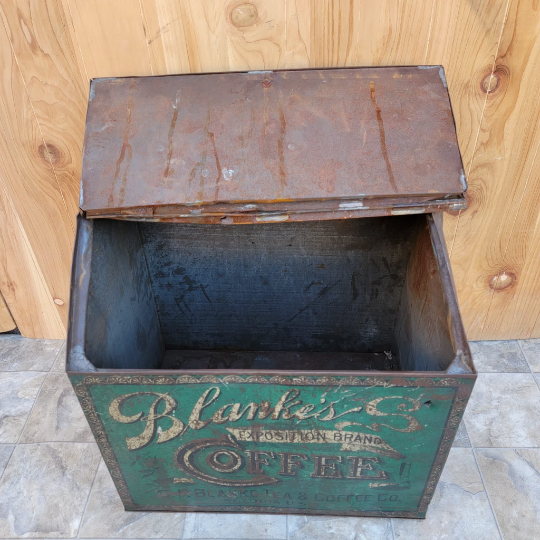 Antique C.F. Blanke Tea and Coffee Company Exposition Brand Green Tin Coffee Bin