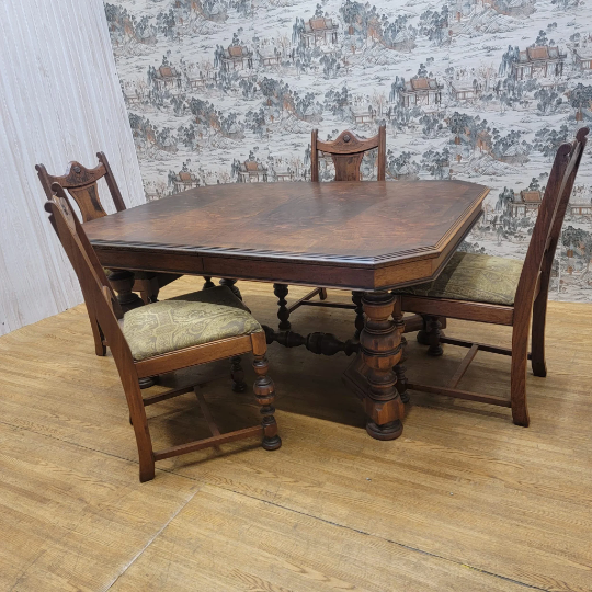 Vintage American Hardwood Dining Table and Chairs - Set of 5