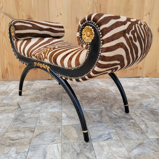 Regency Style Ebonized and Gilded Wood Scroll-Arm Zebra Striped Brazilian Cowhide Bench