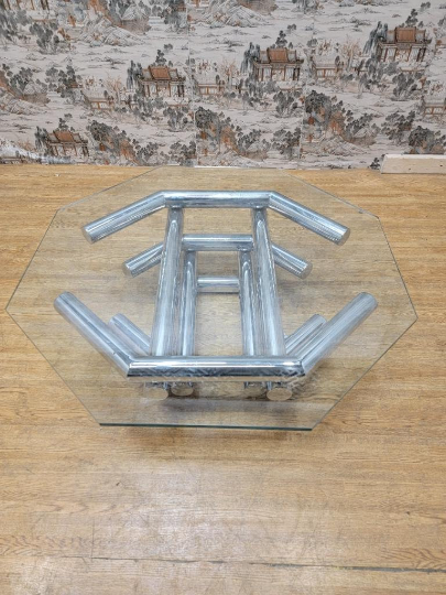 Mid Century Modern Paul Mayen Style Octagonal Tubular Chrome Glass Top Coffee Table