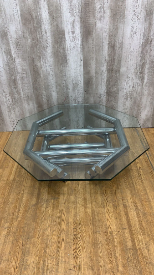 Mid Century Modern Paul Mayen Style Octagonal Shaped Tubular Chrome Glass Top Coffee Table