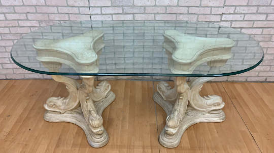 Hollywood Regency Asian Koi Dragon Fish Glass Top Console Table