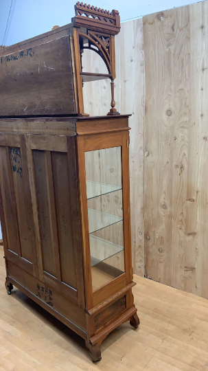 Antique Eastlake Ornate Carved Walnut Double Glass-Door Bookcase/Display Cabinet