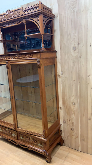 Antique Eastlake Ornate Carved Walnut Double Glass-Door Bookcase/Display Cabinet