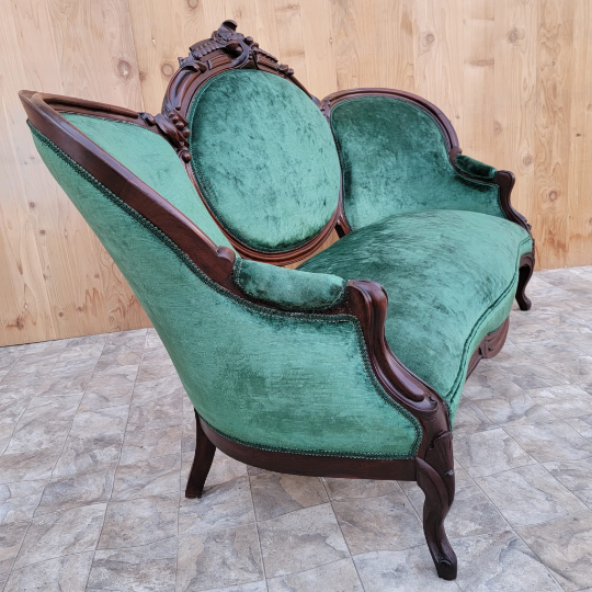 Antique Victorian Carved Medallion Back Sofa with 2 Side Chairs Newly Upholstered in Green Velvet - 3 Piece Parlor Set