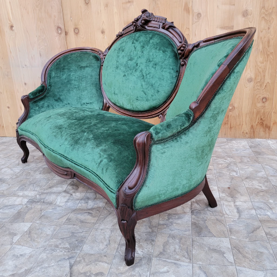 Antique Victorian Carved Medallion Back Sofa with 2 Side Chairs Newly Upholstered in Green Velvet - 3 Piece Parlor Set