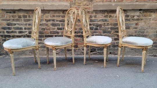 Antique French Louis XVI Style Gilded Balloon-Back Dining Chairs Newly Upholstered - Set of 4