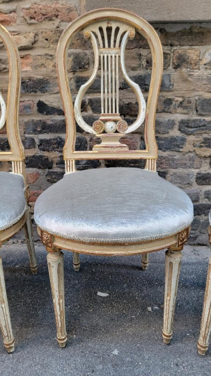 Antique French Louis XVI Style Gilded Balloon-Back Dining Chairs Newly Upholstered - Set of 4